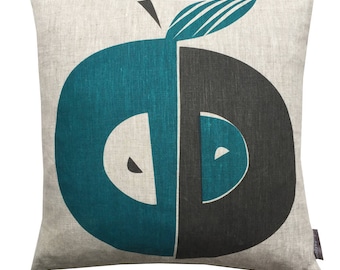 Apple cushion in teal and grey on natural or white linen