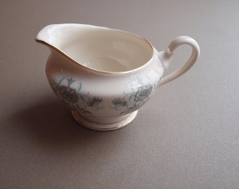 Castleton China Caprice creamer milk jar cream jar made in USA gray aqua floral gold trim vintage holiday entertaining looks unused like new