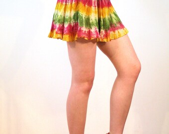 Chichi, 90s Tie Dye Mini Skirt XS, India Cotton Rainbow Mini Skirt, Rasta Mini Skirt, Metallic Skirt, Boho Mini Skirt, Vintage Hippie Skirt