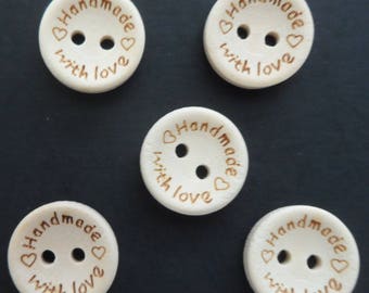 Buttons - "Handmade With Love" - Wooden - 15mm - Two Hole Button - Pack of 5