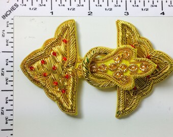 VINTAGE Handmade Frogs Closures Buttons - Gold Bullion hand embroidery - Complimented with Red and Light Golden Glass Beads.