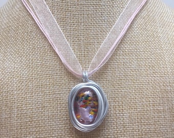 Silver cord wire pink Glass Bead Necklace