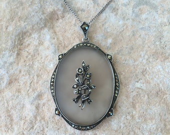 Vintage Camphor Glass Silver Marcasite Necklace Pendant