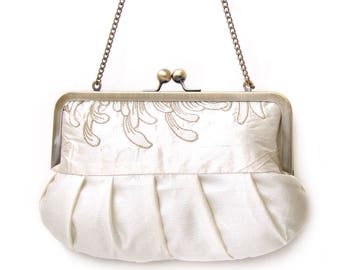 Clutch purse, ivory embroidered silk flower bag, wedding clutch, bridesmaid gift, IVORY CHRYSANTHEMUM