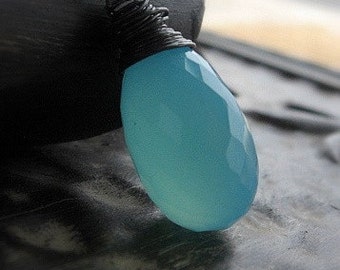 Aqua Chalcedony Necklace, Wire Wrapped Teardrop Pendant, Oxidized Sterling Silver