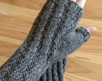 Handknit warm wool gray fingerless mitts