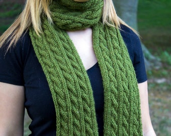 Green Hand Knit Women's Scarf - Green Vegan Scarf - Cable Knit - Boho Scarf - Hipster Scarf - Acrylic Scarf - Olive Green Long Chunky Scarf