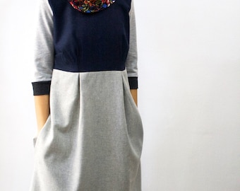 Casual winter dress, A line dress, Wool dress, Dress with pockets, Dress with sleeves