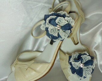 Bridal Shoe Clips, Denim Blue Shoe Clips, Flower Shoe Clips, REX16-203SC, Wedding Accessories