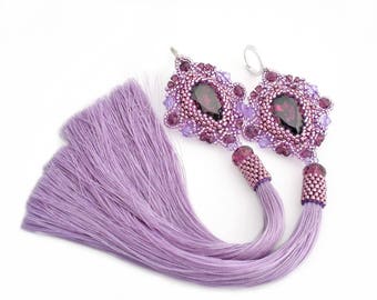 Purple beadwork earrings with Swarovski amethyst crystal