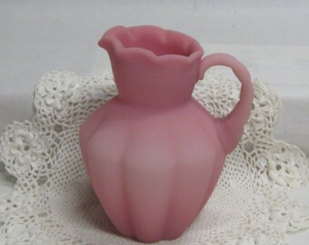 Vintage Fenton Rose Pink Satin Glass Pitcher Melon Rib Crimped Handle Scallop Top