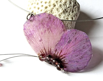 Botanical art gift butterfly wing jewelry, Organic necklace Eco women gift Purple Insect jewelry Resin flower Butterfly jewelry gift for her