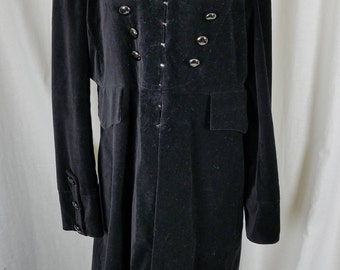 NEWPORT NEWS Black Velvet Military Equestrian Steampunk Gothic Long Midi Coat Womens 18 Marching Band Rocker Double Breasted Funnel Neck