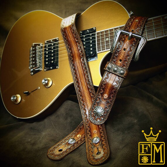 Leather Guitar Strap Brown tobacco Sunburst Soft and suede lined Cowboy Rockstar Vintage Style Handmade for YOU in USA by Freddie Matara!