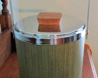 Vintage Kromex Ice Bucket Avocado Green Woodgrain