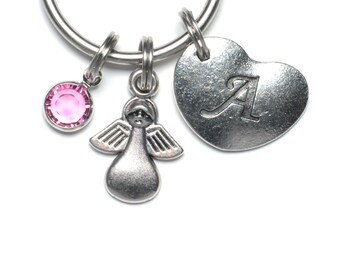 Made For An Angel Keyring, Swarovski Birthstone, Heart Initial Letter, Personalized, Angel Keychain, Guardian Angel Key Ring, Keepsake Gift,