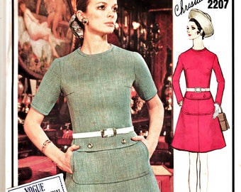 60's MOD Vogue Paris Original Pattern 2207 Christian Dior Low-Waisted Dress Sz 10 w LaBeL CUT Rare Designer Haute Couture Sewing Patterns