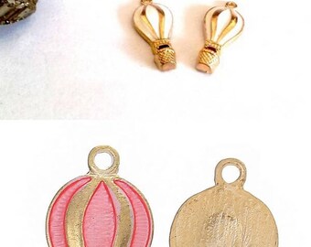 4 thin and pretty hot air balloon gold tone enameled pink or white, to choose from, 22x10mm