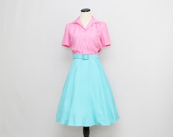 50s Cotton Candy Shirt Dress - Size Medium Vintage 1950s Button Down Belted Day Dress
