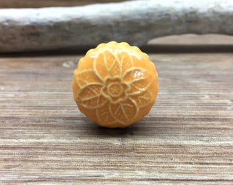 1.25" Yellow Floral Relief Pattern Ceramic Knob - Drawer Pull - Decorative Knob - Cabinet Kitchen Decor