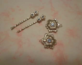 New Old Stock Vintage Silver Tone Barrettes and Bobby Pins w/ Blue Rhinestones, 4 Pc