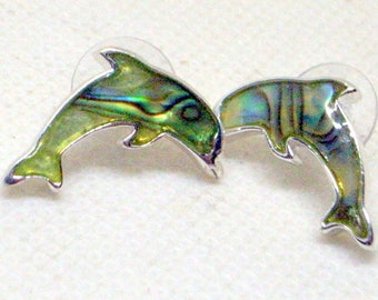 Vintage Dolphin Earrings Green Earrings - Green Dolphins - Green Abalone - Sterling Silver Earrings - Green Silver Earrings