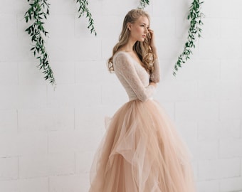 Wedding Dress , Blush Tulle Dress , Two Piece Wedding Dress, Bridal Separates ,Long Sleeve Wedding Dress - MELANIE