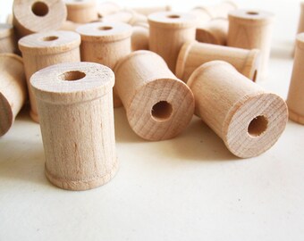 50 Miniature Wooden Spools 1" x 3/4" x 1/4" hole -Wooden Spools Decorative -Small Spools -Natural Wooden Spools