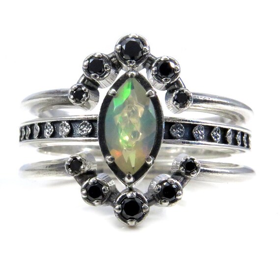 Opal Moon Phase and Black Diamond Constellation Engagement Ring Set - Celestial Wedding Rings