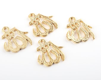 Arabic Calligraphy Allah / God Small Pendants, Gold Allah Charms, 22K gold plated, 4 pcs // Gch-165