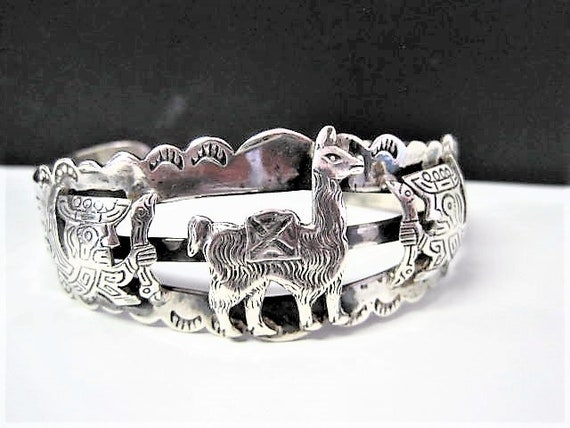 Sterling Peru Bracelet, Inca Boho Tribal Style, Vintage 925 Sterling Cuff