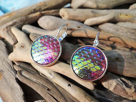 Pink Purple Fuchsia Mermaid Tail Little Scale Scales Dragon Dragons Iridescent Earrings Silver Tone Siren Mermaids Earring Ear Ring Rings