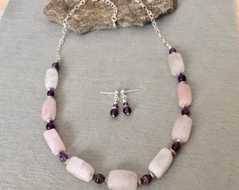 Rose Quartz Bead Necklace Set Pink Quartz Necklace Pale Pink Beaded Necklace Set Pink Purple Amethyst Gemstone Necklace Rose Quartz Jewelry