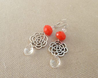 Earrings stylized pink and red/orange beads
