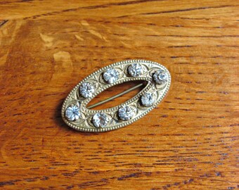 Victorian Etched Brass Brooch with Crystals ~ Edwardian Brooch ~ Antique Jewelry
