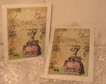 Vintage French Design Marie Antoinette Handmade Cards Adormed with Bling on Parchment ECS