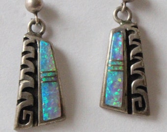 Old Pawn Vintage Native American Southwestern Sterling Silver Hopi Overlay Blue Opal Inlay Post Dangle Earrings Signed FH