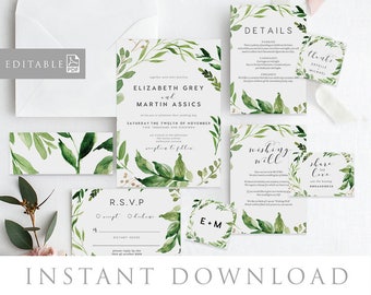 Leaves Wedding Invitation INSTANT DOWNLOAD, Editable PDF Rush Order, Green Wedding Invite, Rustic Invite - Woodland