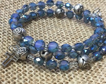 Wrap Rosary bracelet light blue glass beads on memory wire