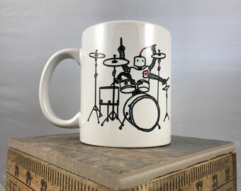 Robot Drummer coffee mug, hand painted, hand printed, cool fun drummer band gift mug, coffee tea mug cup, STEAM, engineer Space and Rocket