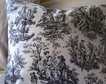 Black and white Waverly French Country Toile Pillow Cover / Cushion, 16x16.