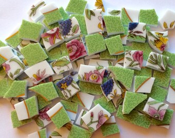 100 Limoges Green Pink Blue Yellow Hand Cut Vintage China Tiles//Broken Dish//Mosaic Supplies//Mosaic Pieces//Craft Jewelry