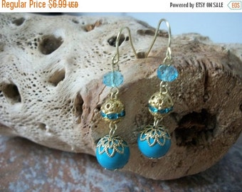 ON SALE Vintage Gold Light Turquoise Blue INDIA Inspired Dangle Earrings 1438