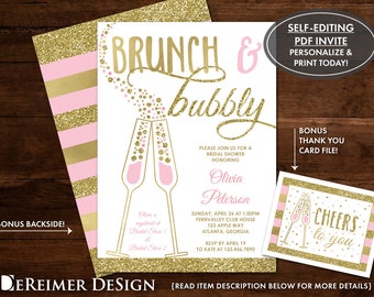 Brunch and Bubbly Bridal Shower Invitation, Bridal Shower, Wedding Shower, Pink, Gold, Champagne, Self-Editing PDF Invite, BONUS Thank You