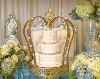 The biggest Gold crown cake stand and 3 Tier Fake Wedding Cake Covered with REAL Fondant Cake Dummy Display Wedding Cake With Gold Lace