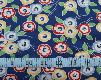 Hi De Ho Fabric - Flower Fabric - Red and Yellow on Blue Material - Quilting Fabric - By The Yard - Cotton Yardage - Fat Quarter, Half Yard