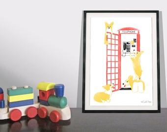Corgi Art Print / Dog Art Print / Red Telephone Box / London Wall Art / Playroom Decor / Children's Playroom / London Art