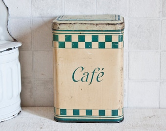 Vintage French "Café" Coffee Store Box - Blue Checkerboard Lithographed Decorative Tin - Retro Kitchen Metal Canister