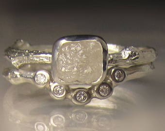 White Raw Diamond Engagement Ring, Rough Diamond Wedding Set, Raw Diamond Twig Ring
