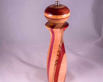 10"pepper mill, pepper grinder, wood Handmade wood peppermill,salt and pepper shaker maple, bloodwood, canarywood, purpleheart and rosewood